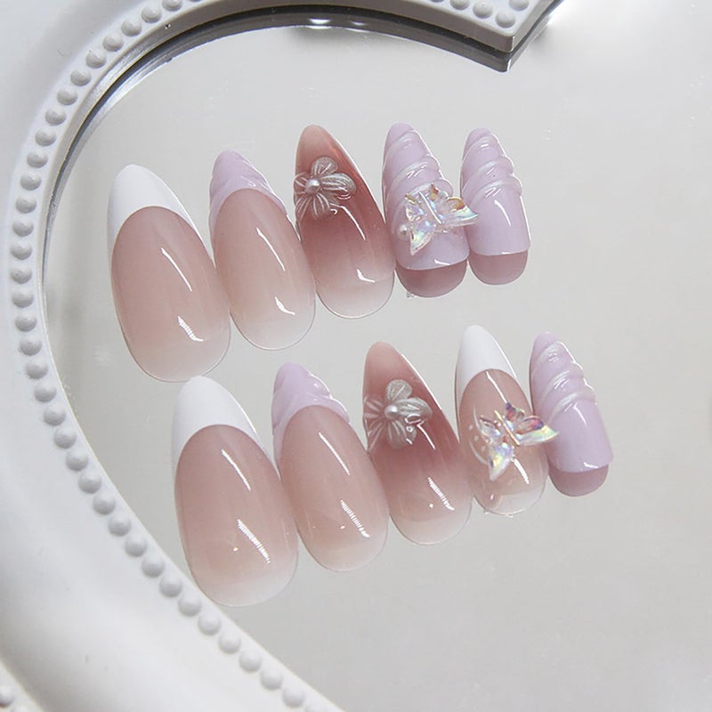 ASABITE 24 Pcs Pink Almond Press on Nails Medium Fake Nails with Glue Reusable False Nails with 3D Flower Butterfly Design Stiletto Nails Acrylic Nail Press ons Spring Nails for Women Nail Art Decorations - Image 3
